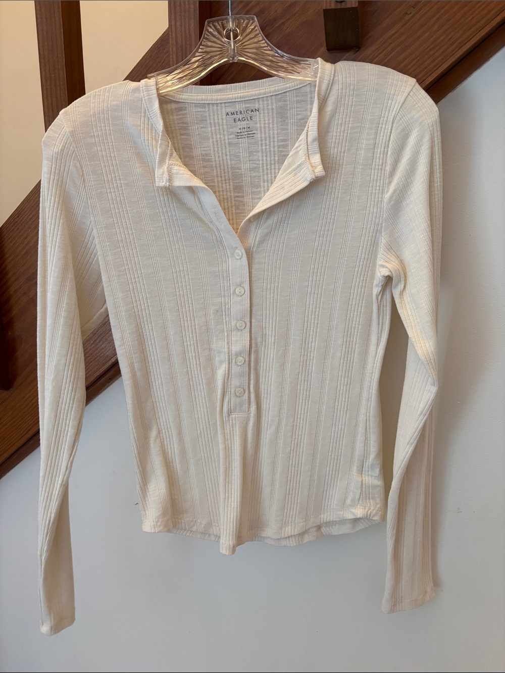 American Eagle Outfitters Ivory Ribbed Henley Long-Sleeve Top
